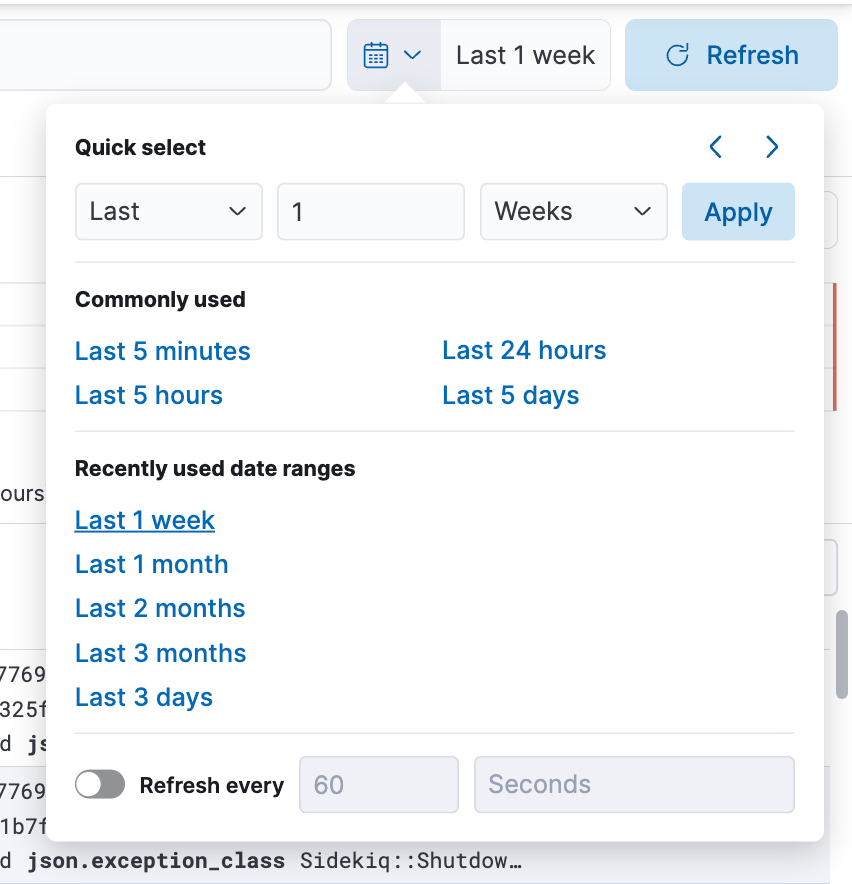 Kibana time picker configured to display logs from the last 7 days.