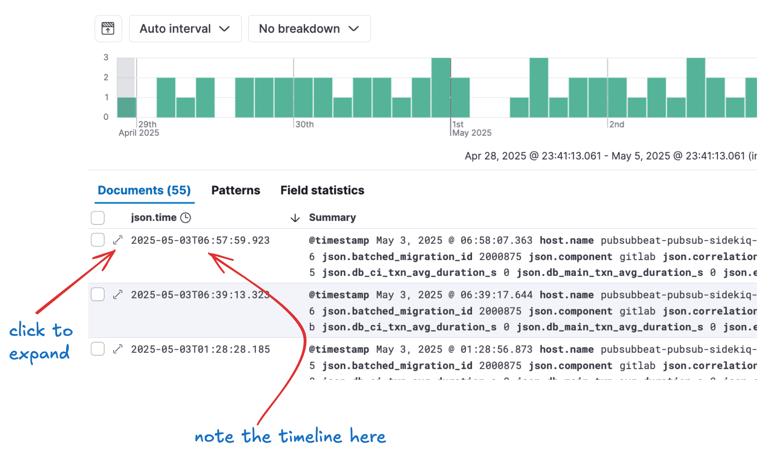 Kibana logs view showing filtered results for failed migration jobs.