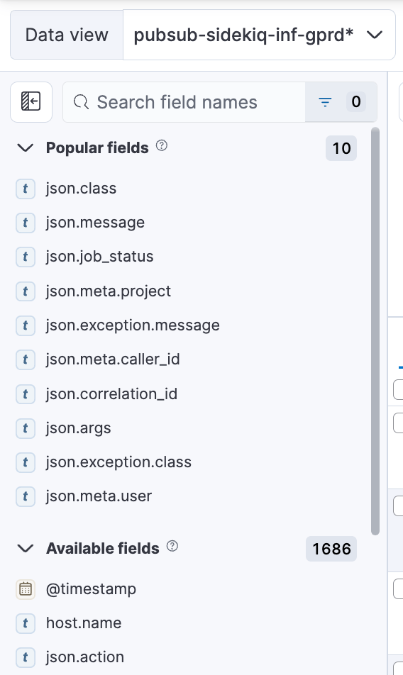 Kibana fields panel displaying available log fields including job_class_name and new_state.