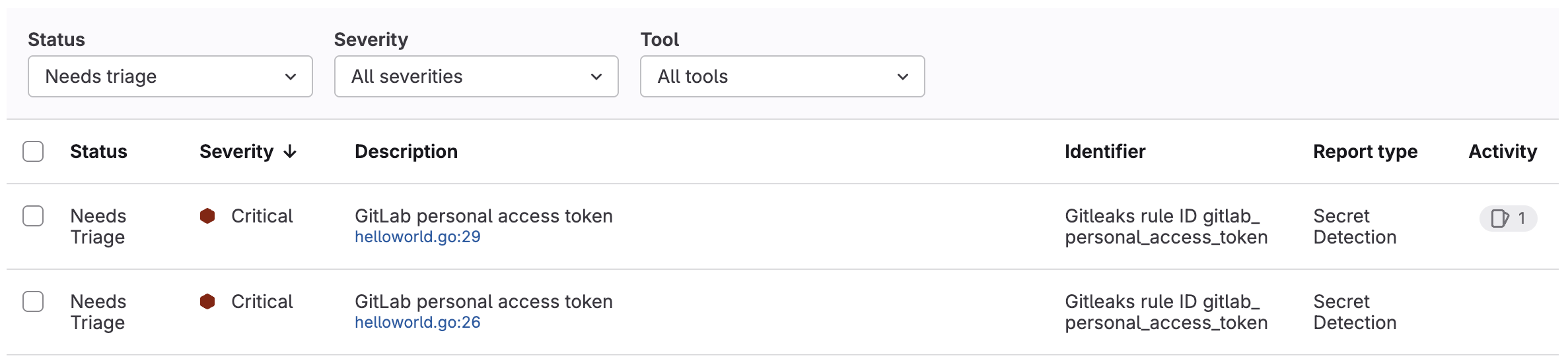 List of findings in the branch